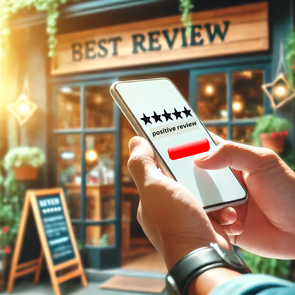 A customer leaving a positive review on their smartphone, with the business’s storefront in the background.